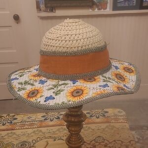 Orange and White Sun Hat with Wide Brim and Floral Design